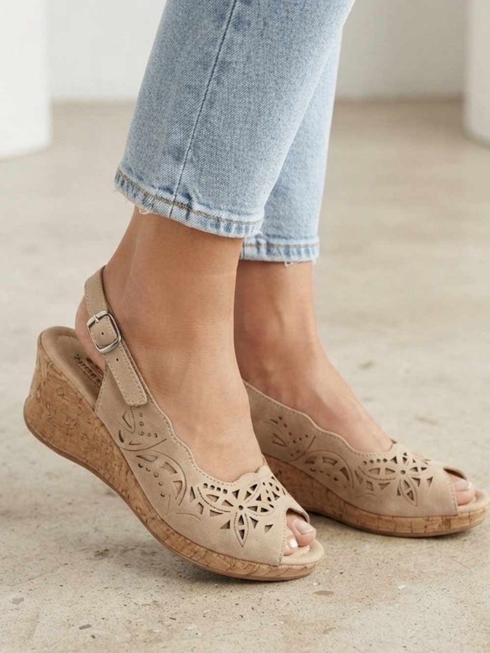 Spring Step Beige Laser-Cut Wedge Sandals
